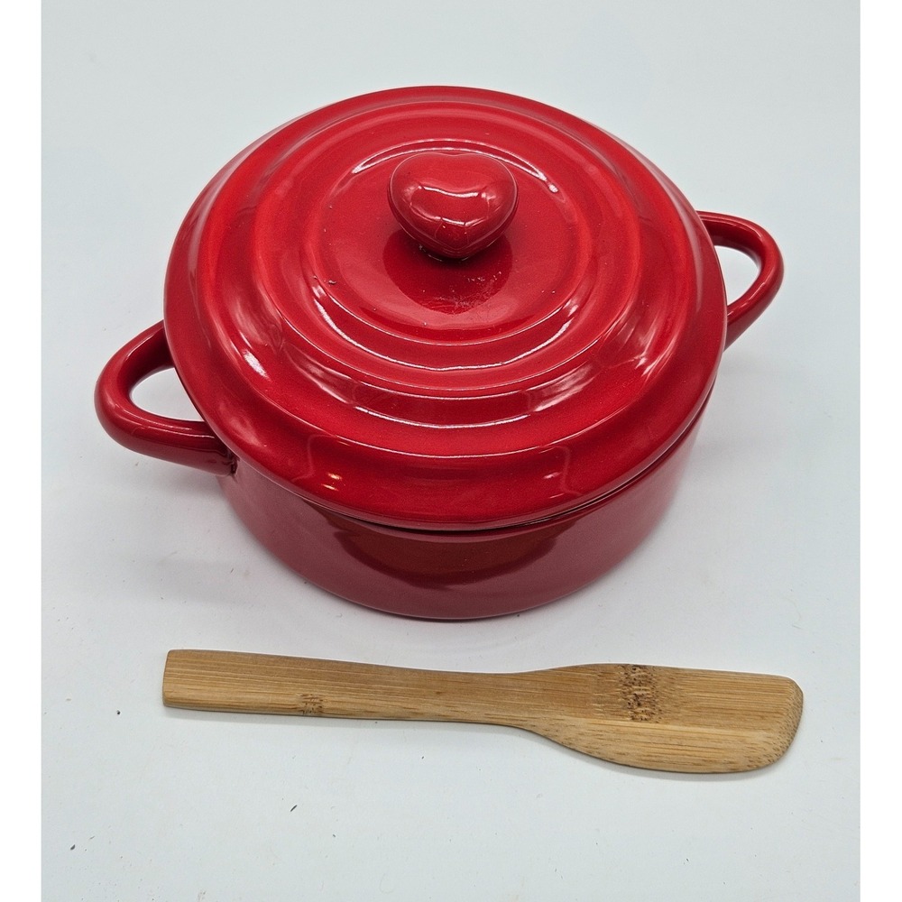 Red Ceramic Mini Cocotte with Heart Lid Knob and Bamboo Spreader Set